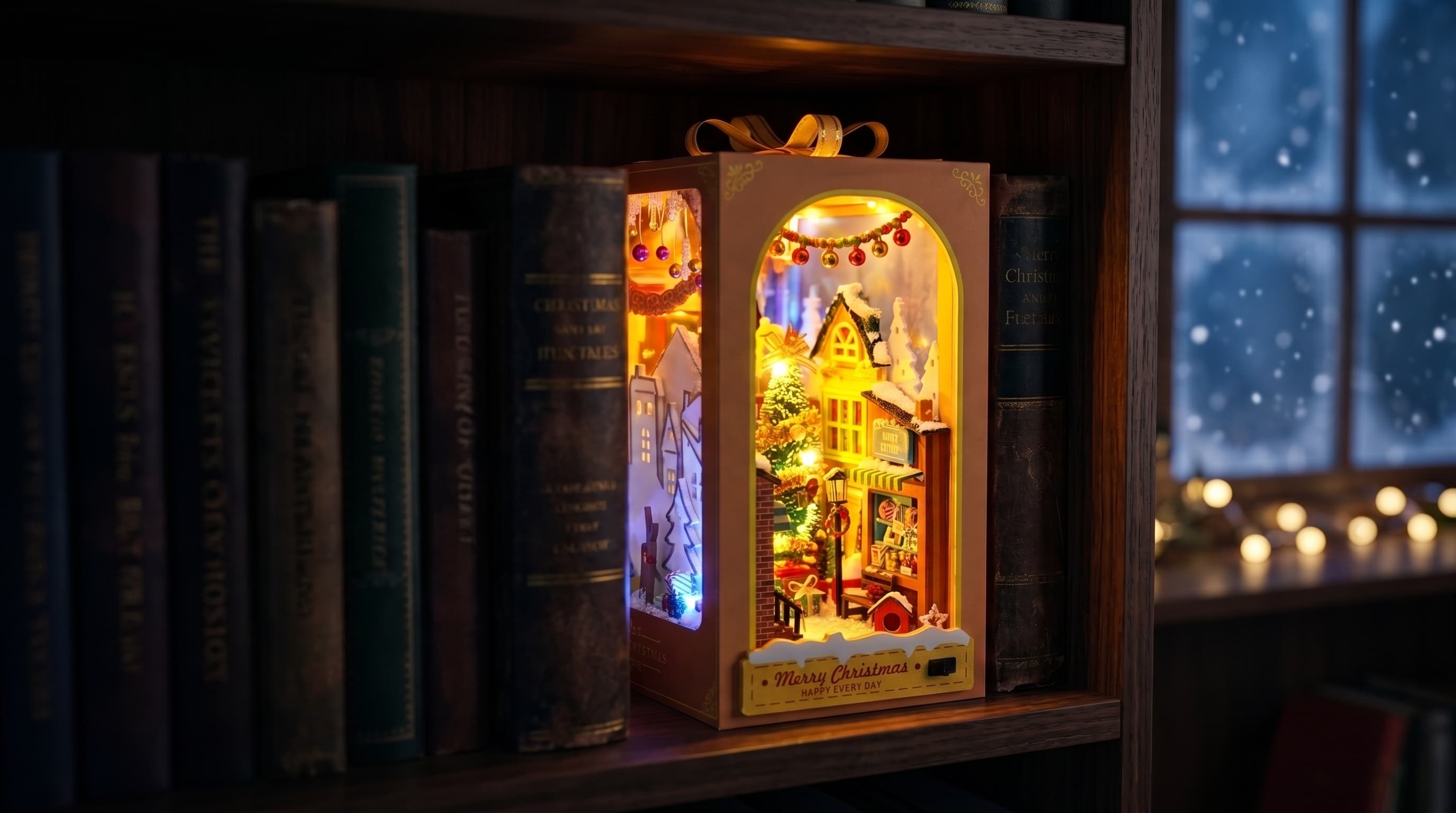 The Christmas Village book nook glowing between books on a dark shelf, snow falling outside the window