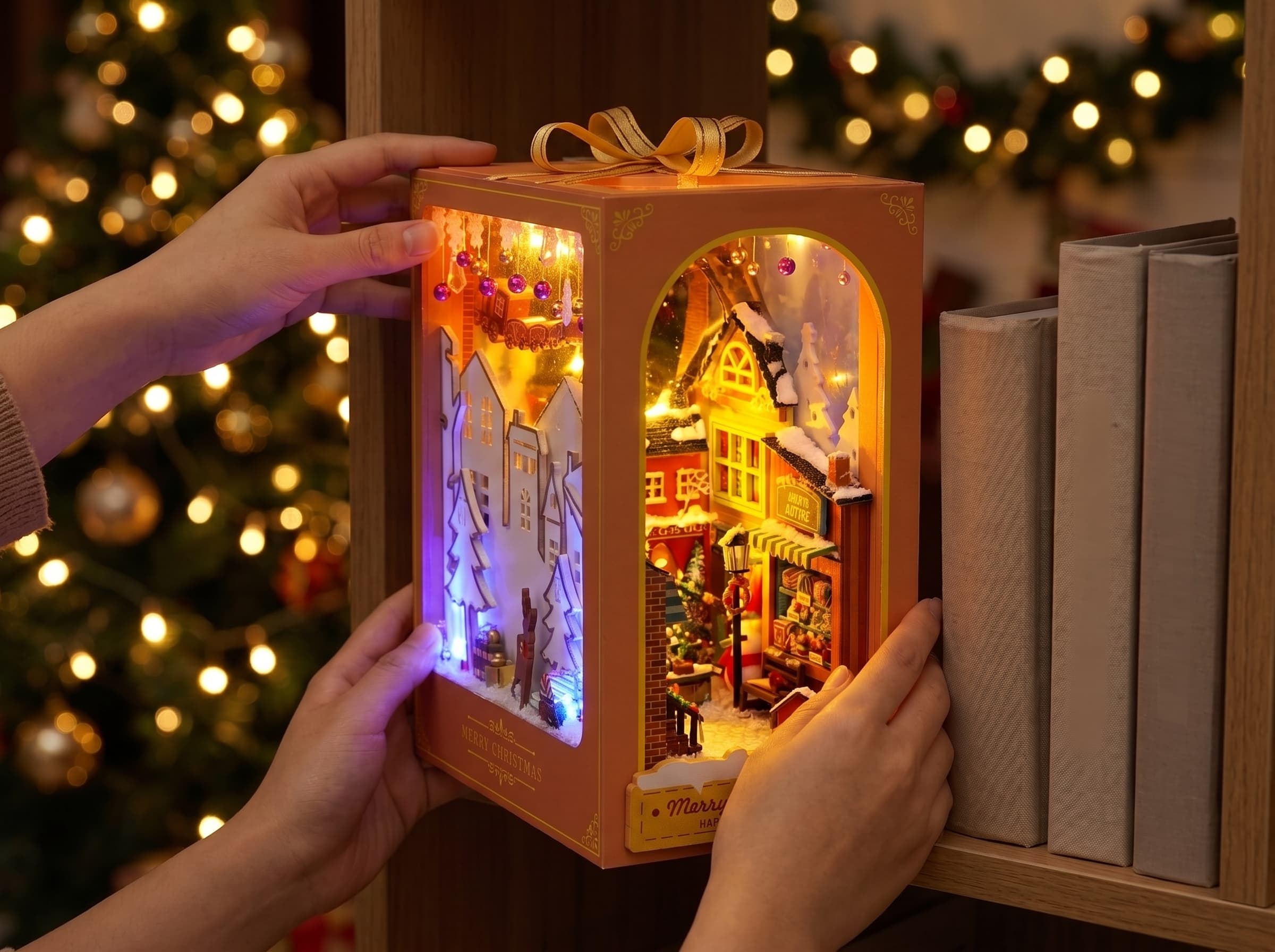 Hands placing the finished, glowing book nook onto a shelf beside the Christmas tree